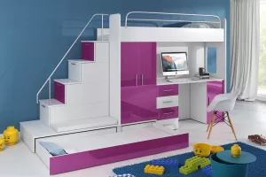 RAJ 5 poschodová posteľ, biela - fialová