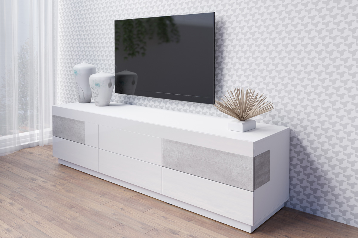 Helvetia SILKE 40 TV stolík 6 šuplíkový, biely lesk/colorado beton