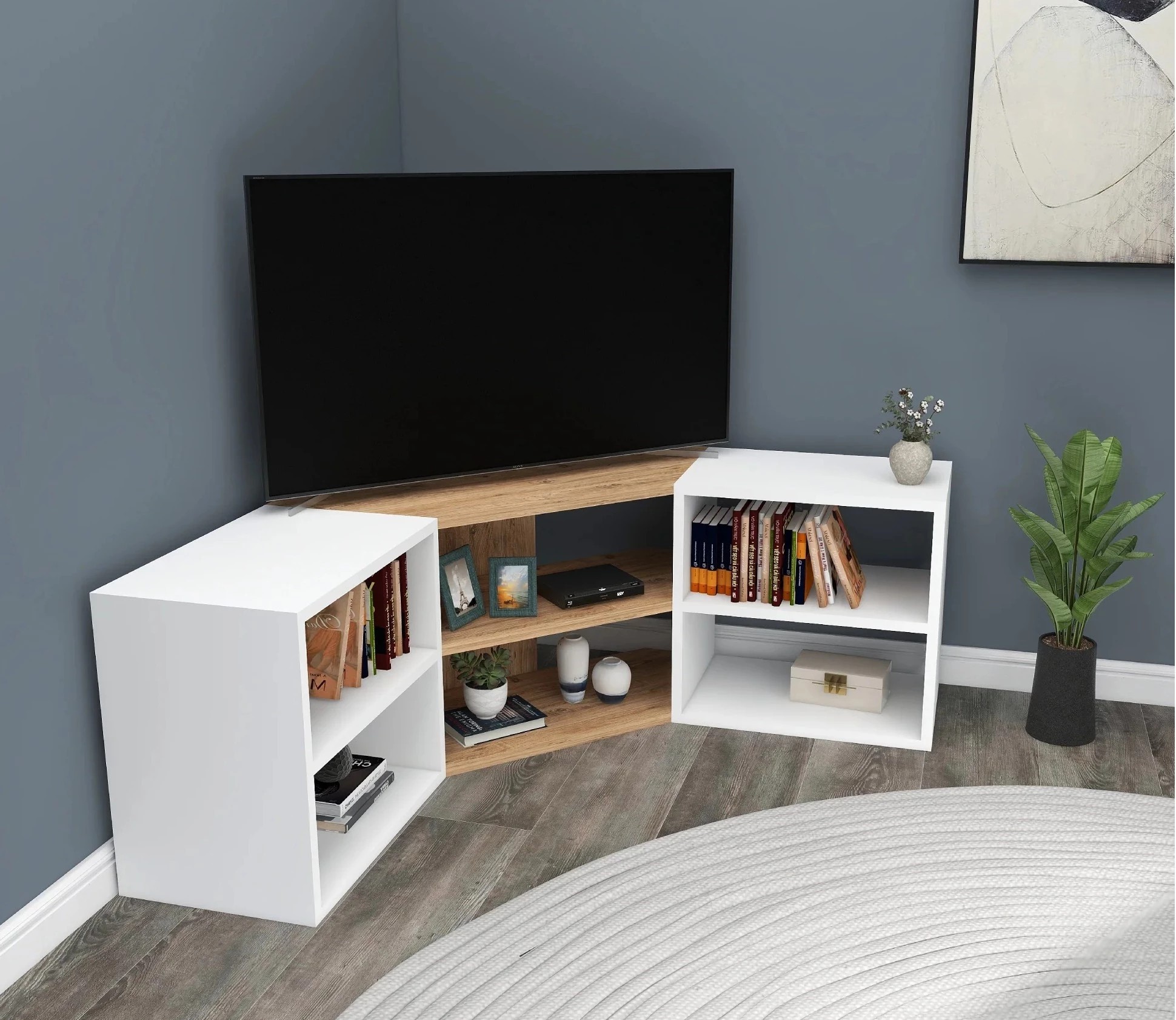 NETSAN BONNETT rohový TV stolík, borovica/biela