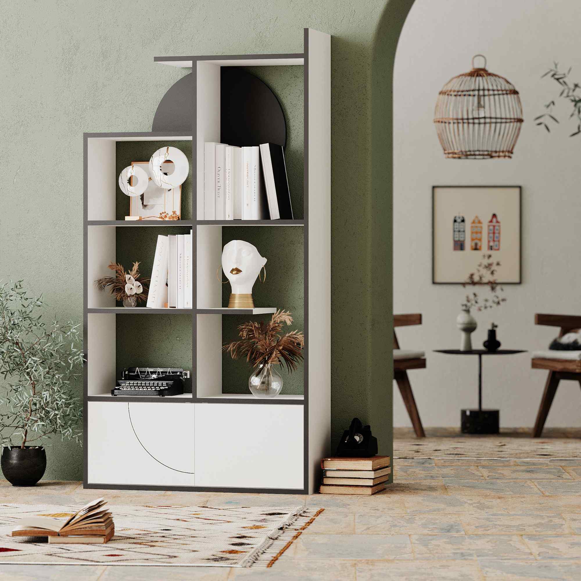 DECORTIE HALF, regál, knižnica, biela / antracit