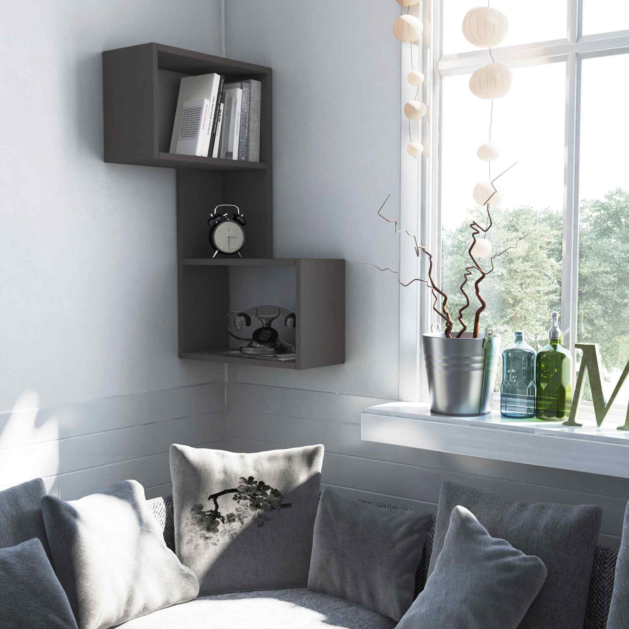 DECORTIE PART, rohová nástenná polica, antracit